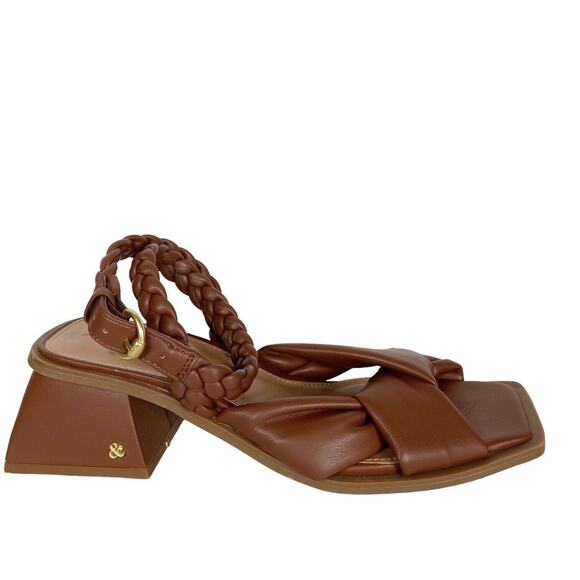Sam & Libby Square Toe Heels Sandals Camel Brown Faux Leather‎ Braided Womens 9 - Picture 2 of 12